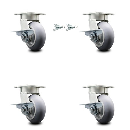 Service Caster 5 Inch Kingpinless Thermoplastic Rubber Wheel Caster Brakes 2 Swivel Locks, 4PK SCC-KP30S520-TPRRD-SLB-BSL-2-SLB-2